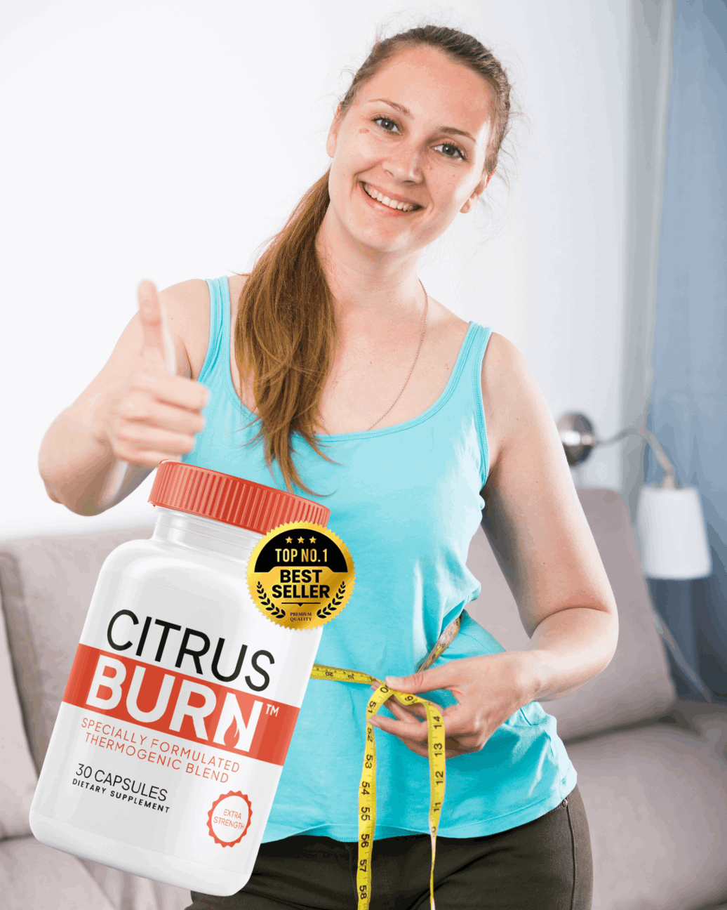 Single CitrusBurn bottle with happy user